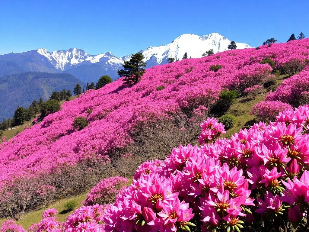 Rhododendrons blooming below snow-capped Himalayan peaks