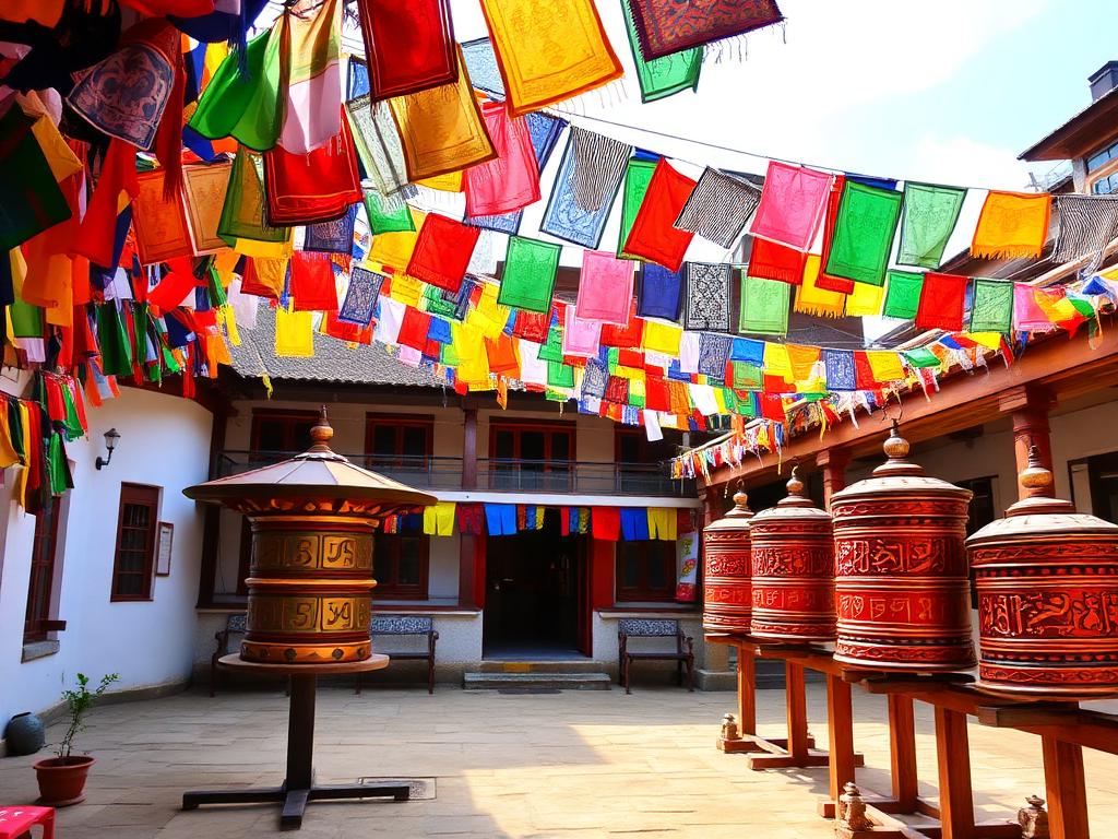 Prayer flags and prayer wheels in a Sikkim monastery courtyard