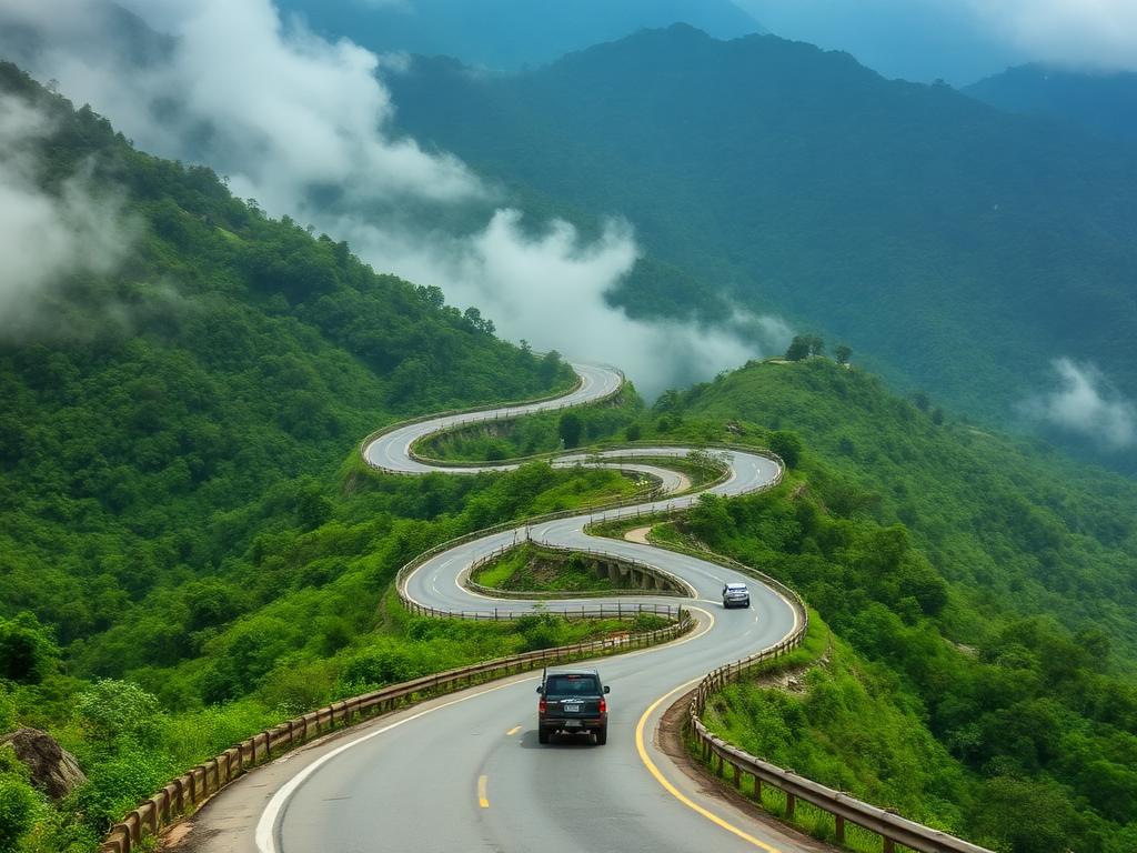 Winding mountain highway through green Himalayan foothills